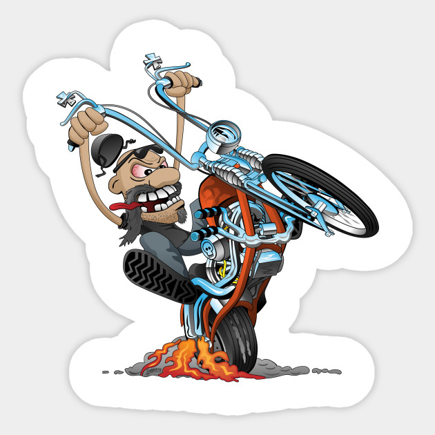 Funny biker riding a chopper, popping a wheelie motorcycle cartoon